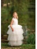 High Collar Ivory Tulle Layered Pearl Embellished Flower Girl Dress